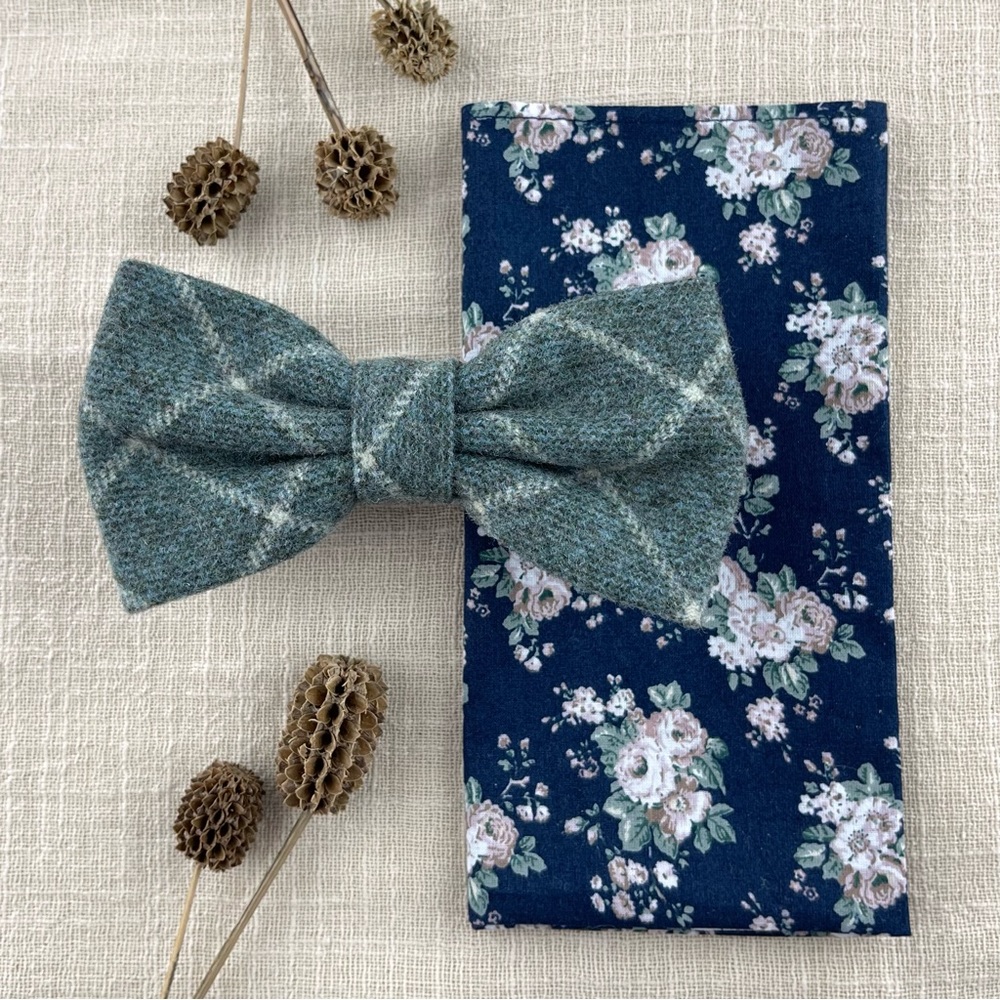 Men’s Sage Green Tartan Wool Bow Tie & Navy Floral Pocket Square Set